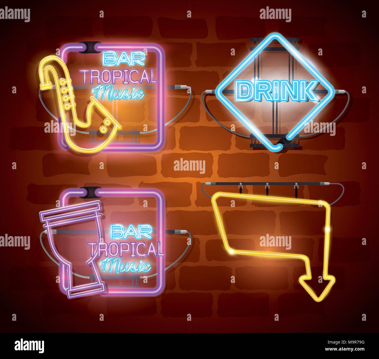 Instruments de musique avec des néons set icons Illustration de Vecteur