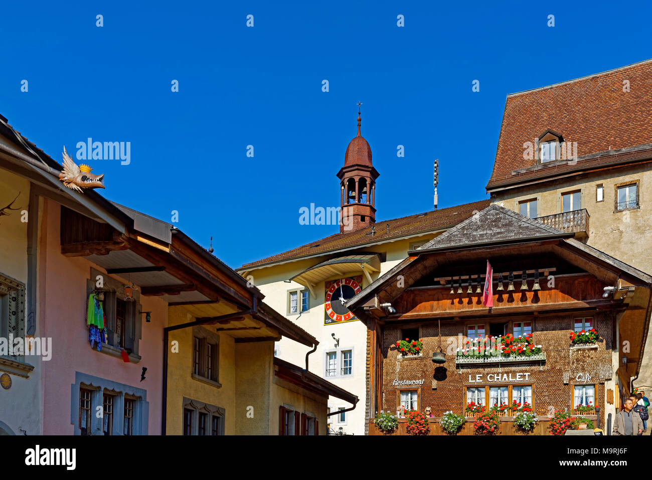 L'Europe, Suisse, Fribourg, gruyère fromage, Rue vous château, maisons, historiquement, Vieille Ville core, restaurant, Le chalet, immeuble, historiquement, ar Banque D'Images