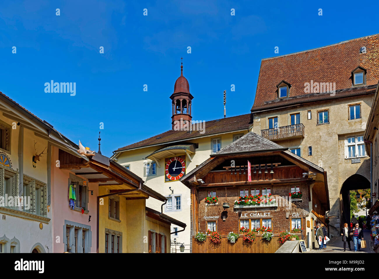 L'Europe, Suisse, Fribourg, gruyère fromage, Rue vous château, maisons, historiquement, Vieille Ville core, restaurant, Le chalet, immeuble, historiquement, ar Banque D'Images