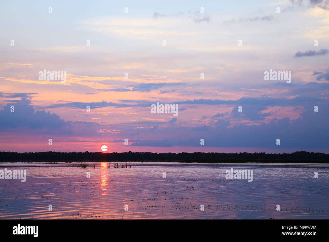 Coucher du soleil sur la rivière Pra, la Russie, la réserve naturelle du Meschera Banque D'Images