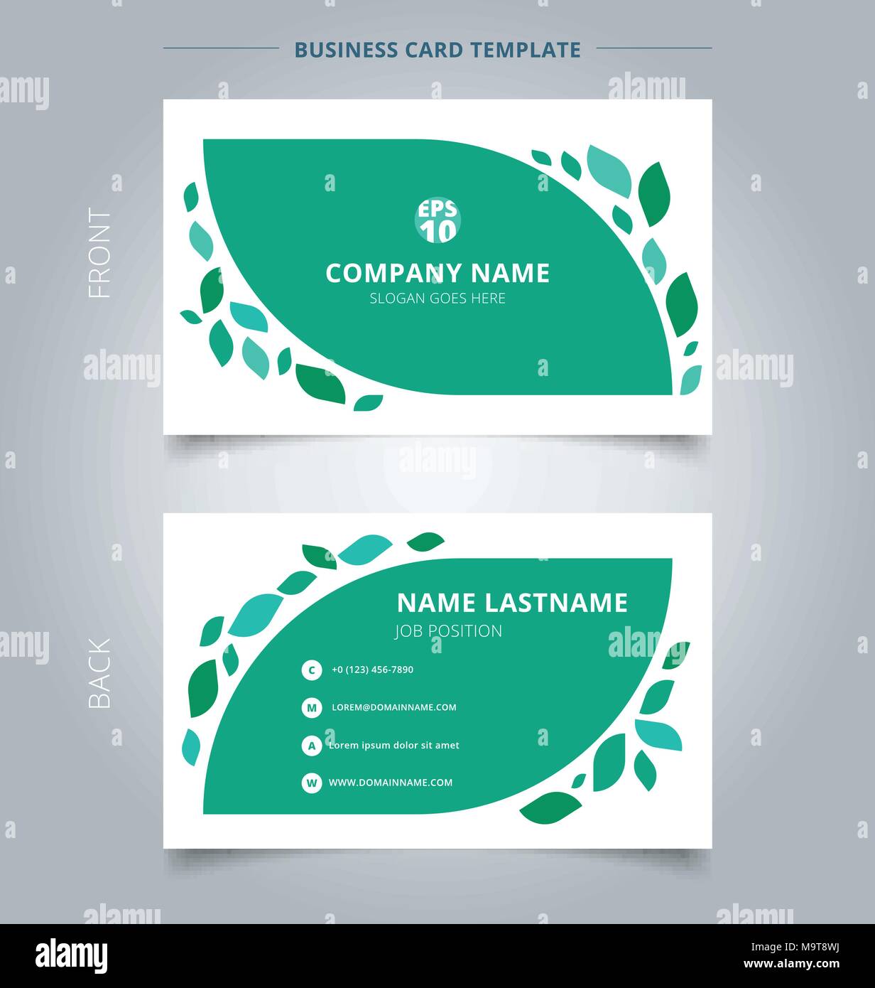 Creative business card et carte graphique nom modèle feuilles vertes sur fond blanc. Concept abstrait et conception graphique de vecteur commercial. Illustration de Vecteur