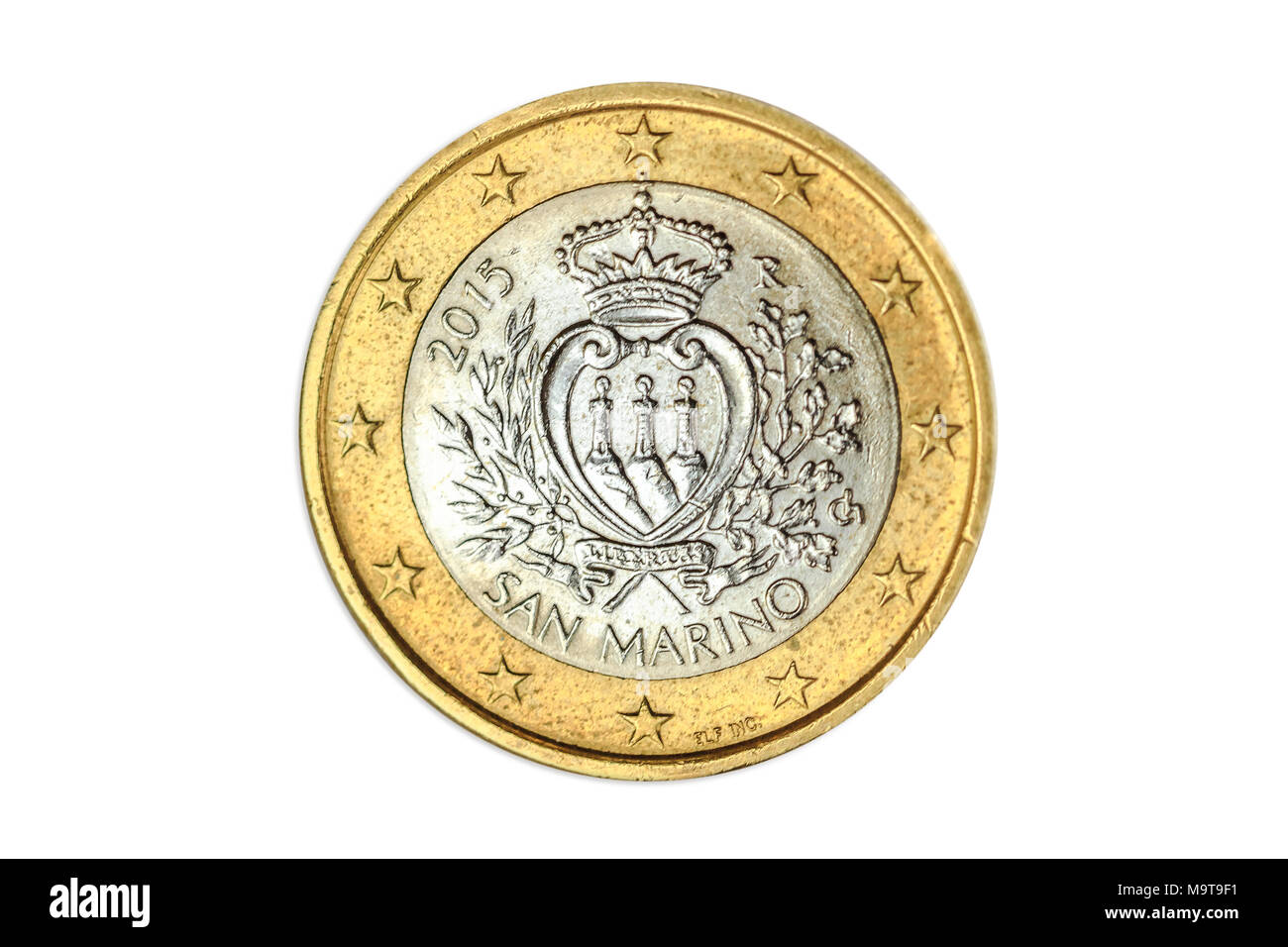 Pièce de 1 euro italienne close-up de San Marin en Italie, côté tête. Isolé sur fond blanc studio. Banque D'Images