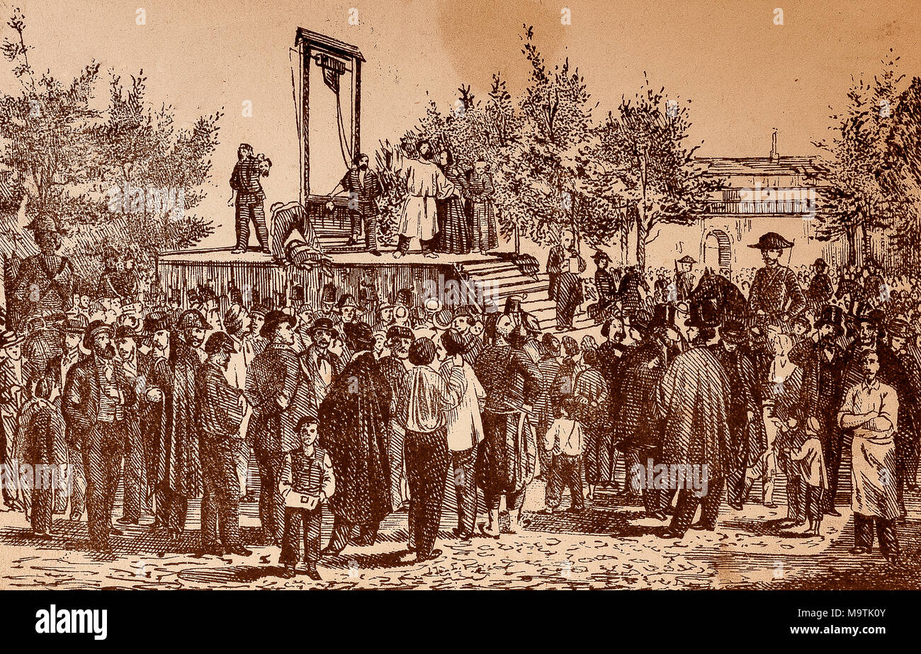 Felice Orsini et Pieri condamné à la guillotine après l'attaque de l'empereur Napoléon III à Paris le 13 mars 1858. Banque D'Images
