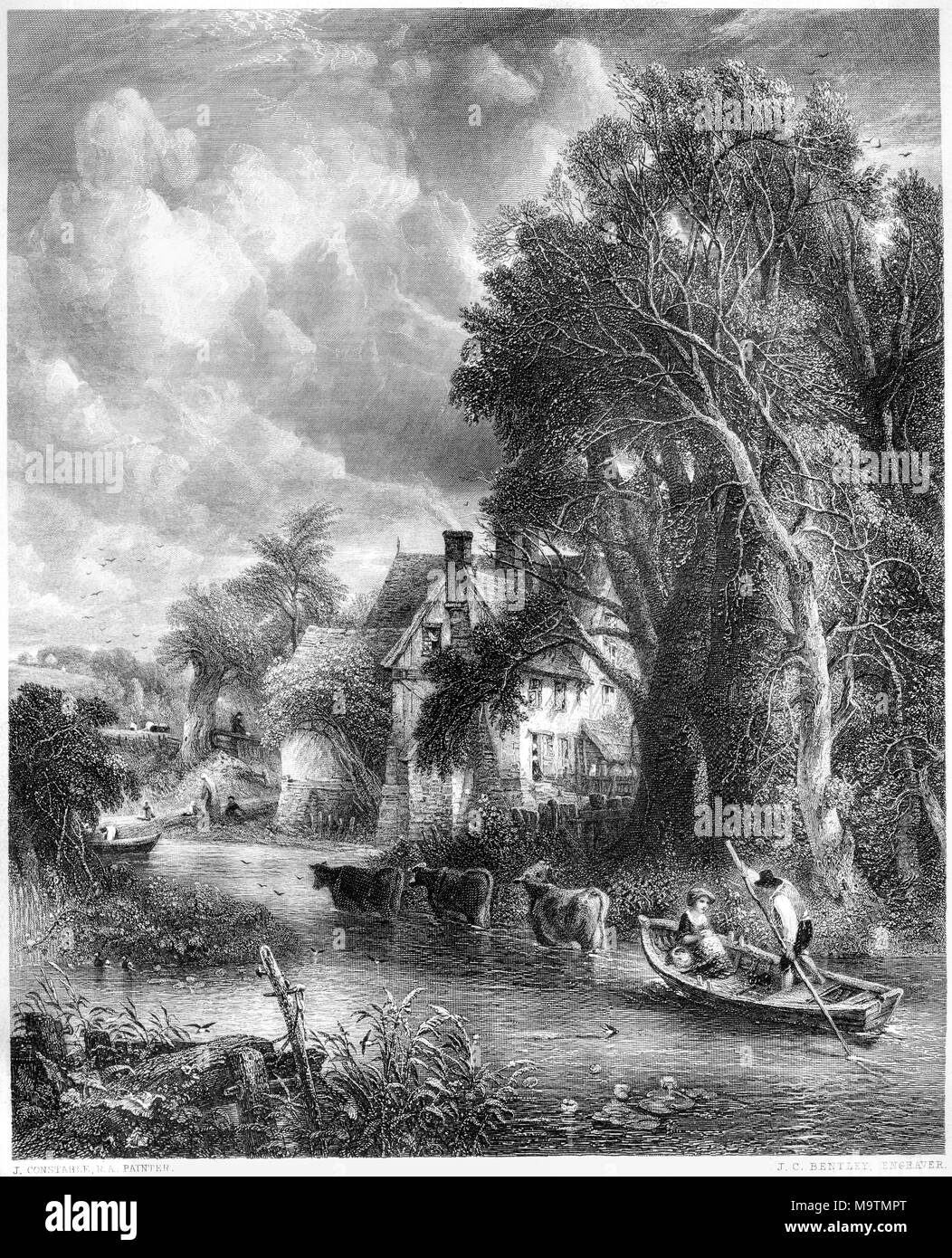 Une gravure intitulée La ferme de la vallée de la photo par John Constable à la galerie Vernon numérisées à haute résolution à partir d'un livre imprimé en 1849. Banque D'Images