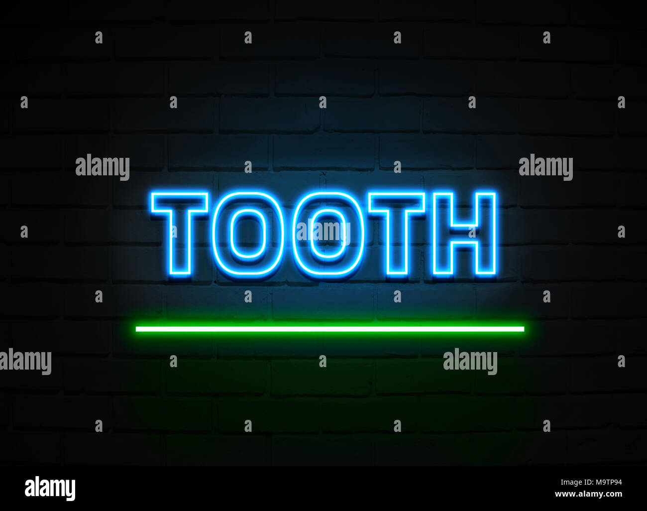 Dent en néon - Glowing Neon Sign sur mur brickwall - rendu 3D illustration libres de droits. Banque D'Images