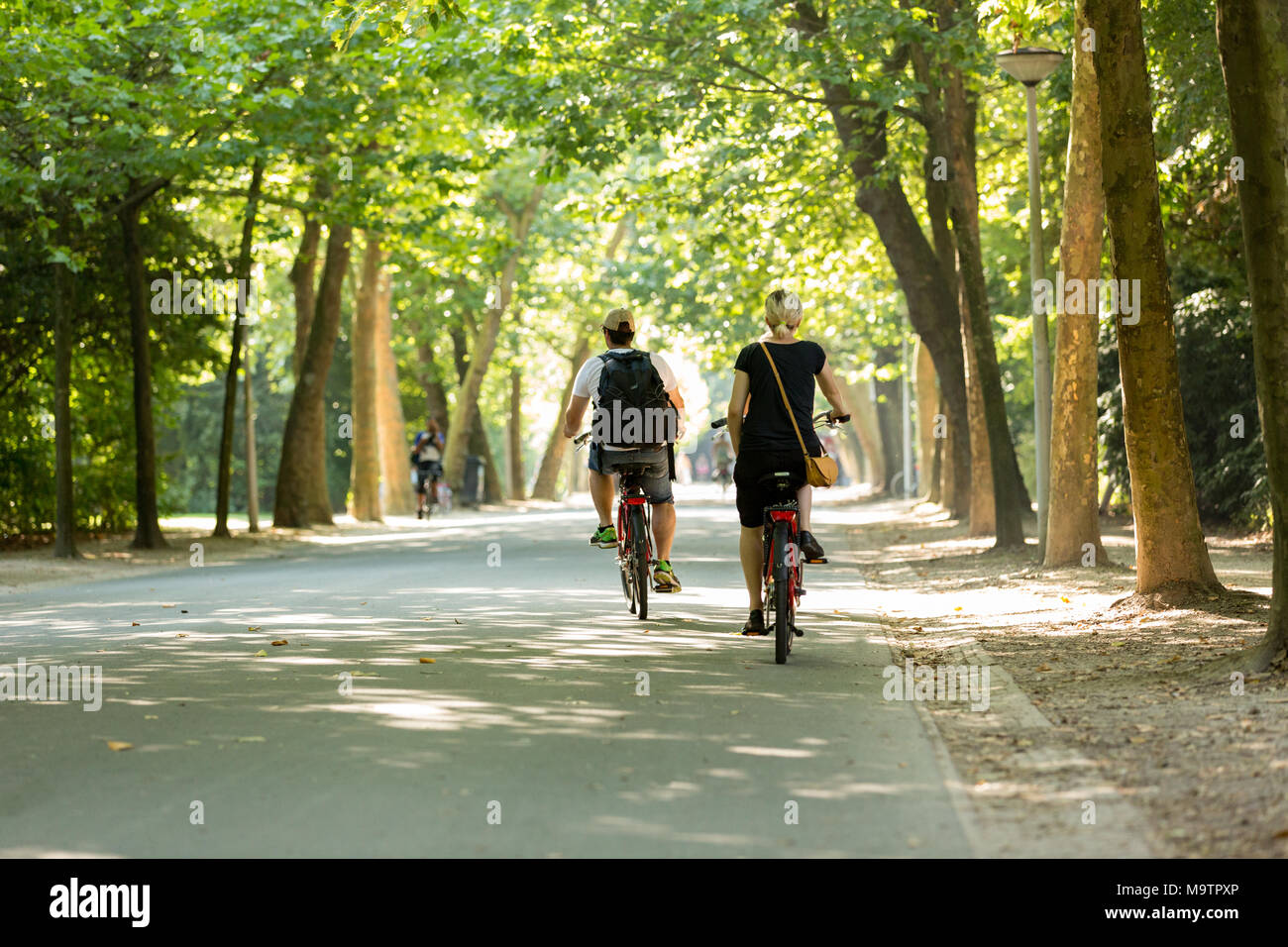 L'homme et de la femme cycliste dans le Vondelpark à Amsterdam, Pays-Bas. Banque D'Images