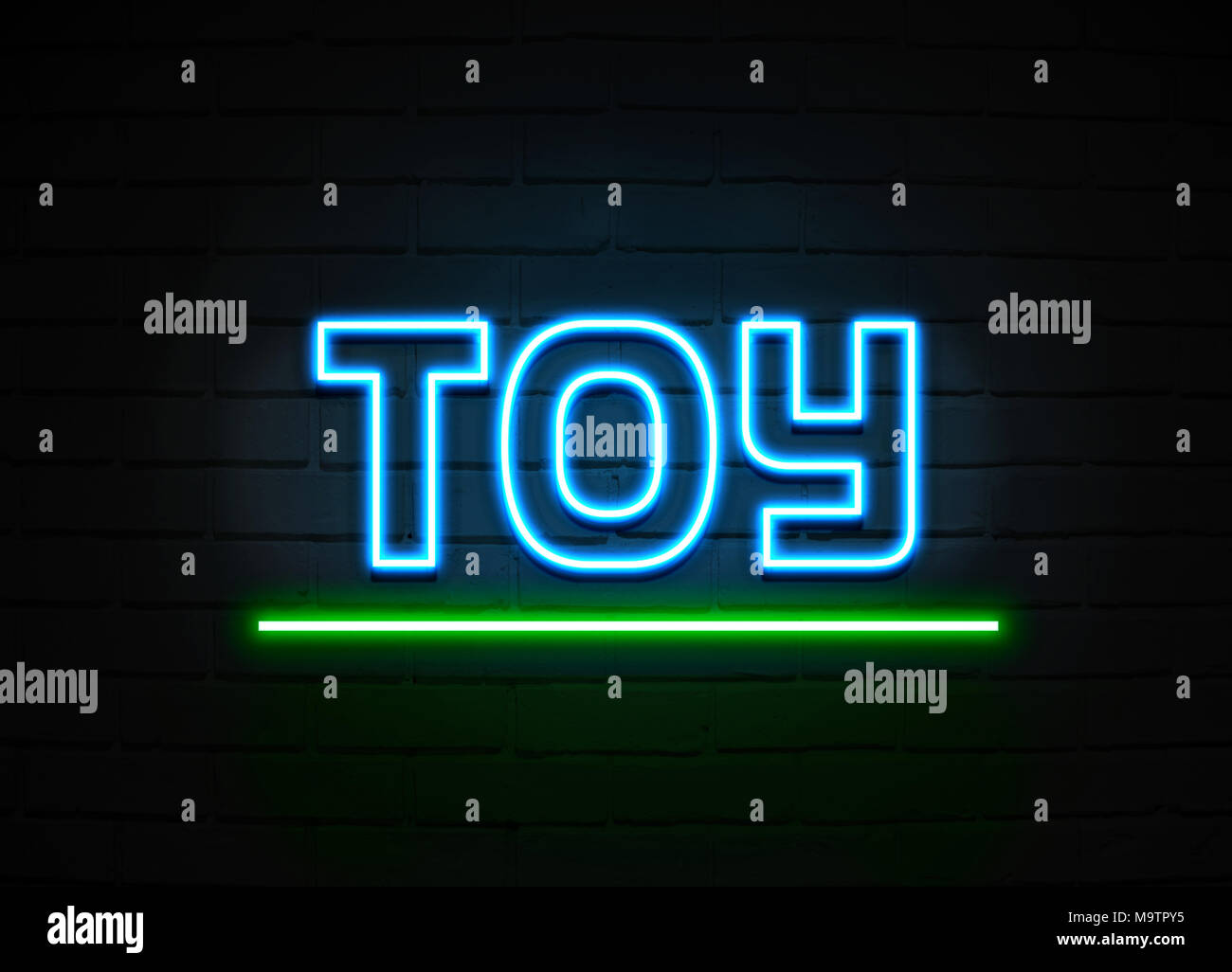 Toy en néon - Glowing Neon Sign sur mur brickwall - rendu 3D illustration libres de droits. Banque D'Images