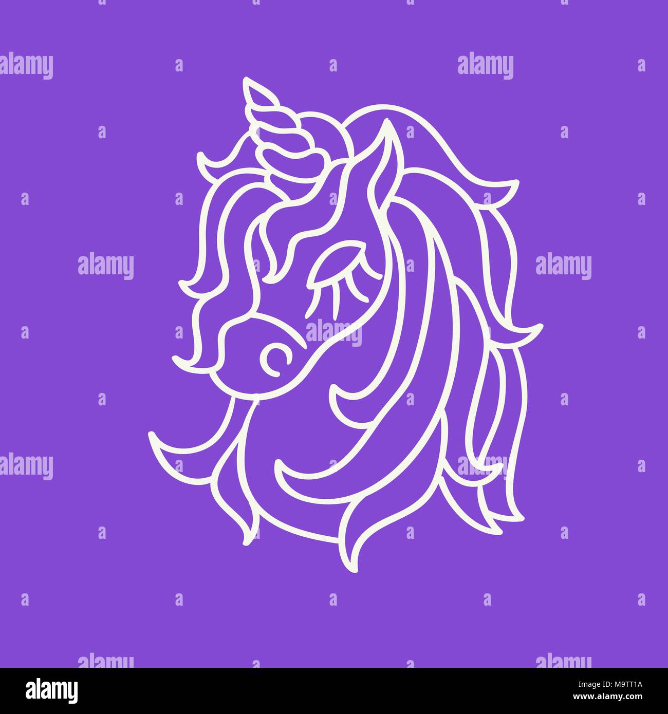 Jolie tête de licorne contour blanc croquis icône sur le fond violet Illustration de Vecteur