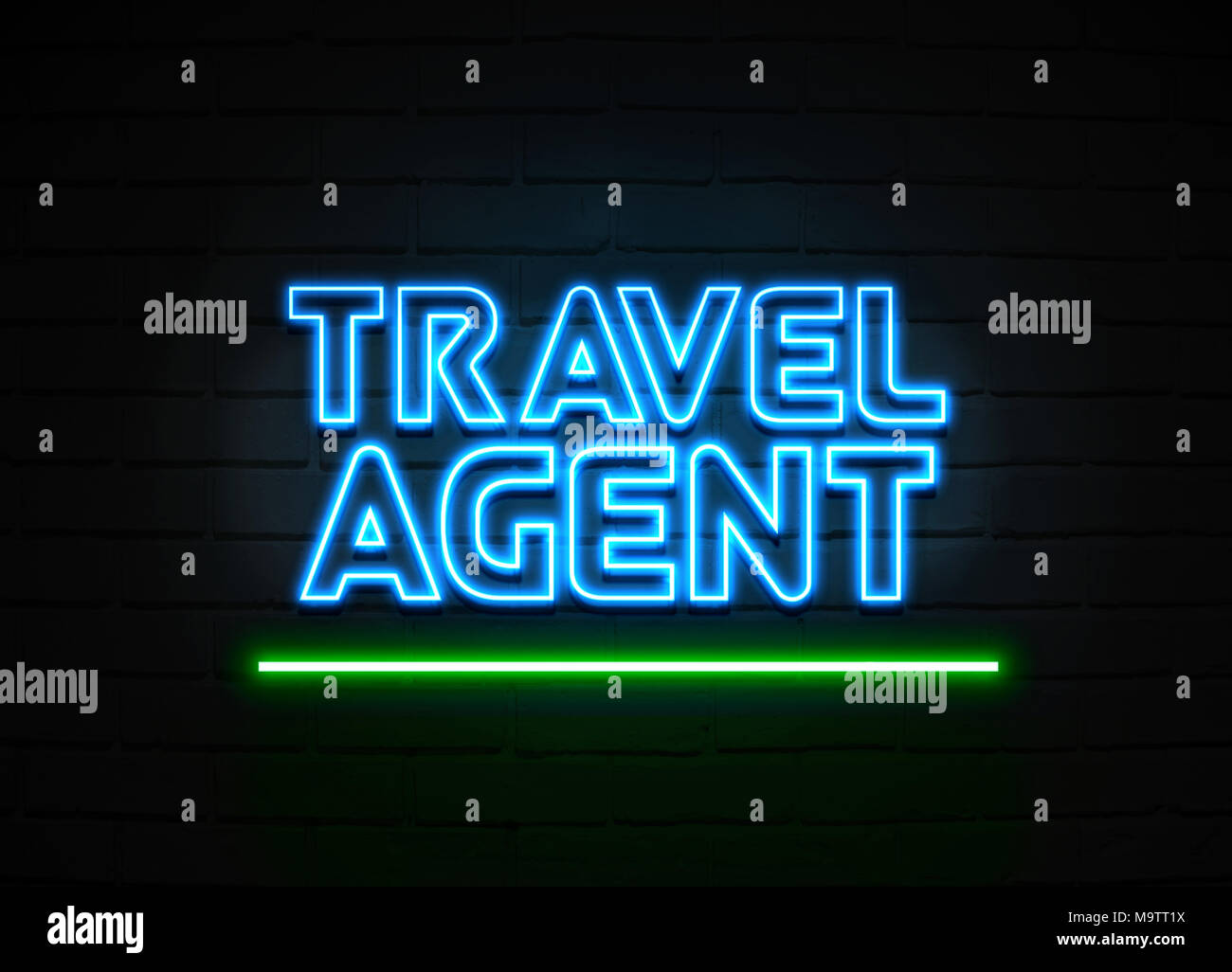 Agent de voyages en néon - Glowing Neon Sign sur mur brickwall - rendu 3D illustration libres de droits. Banque D'Images