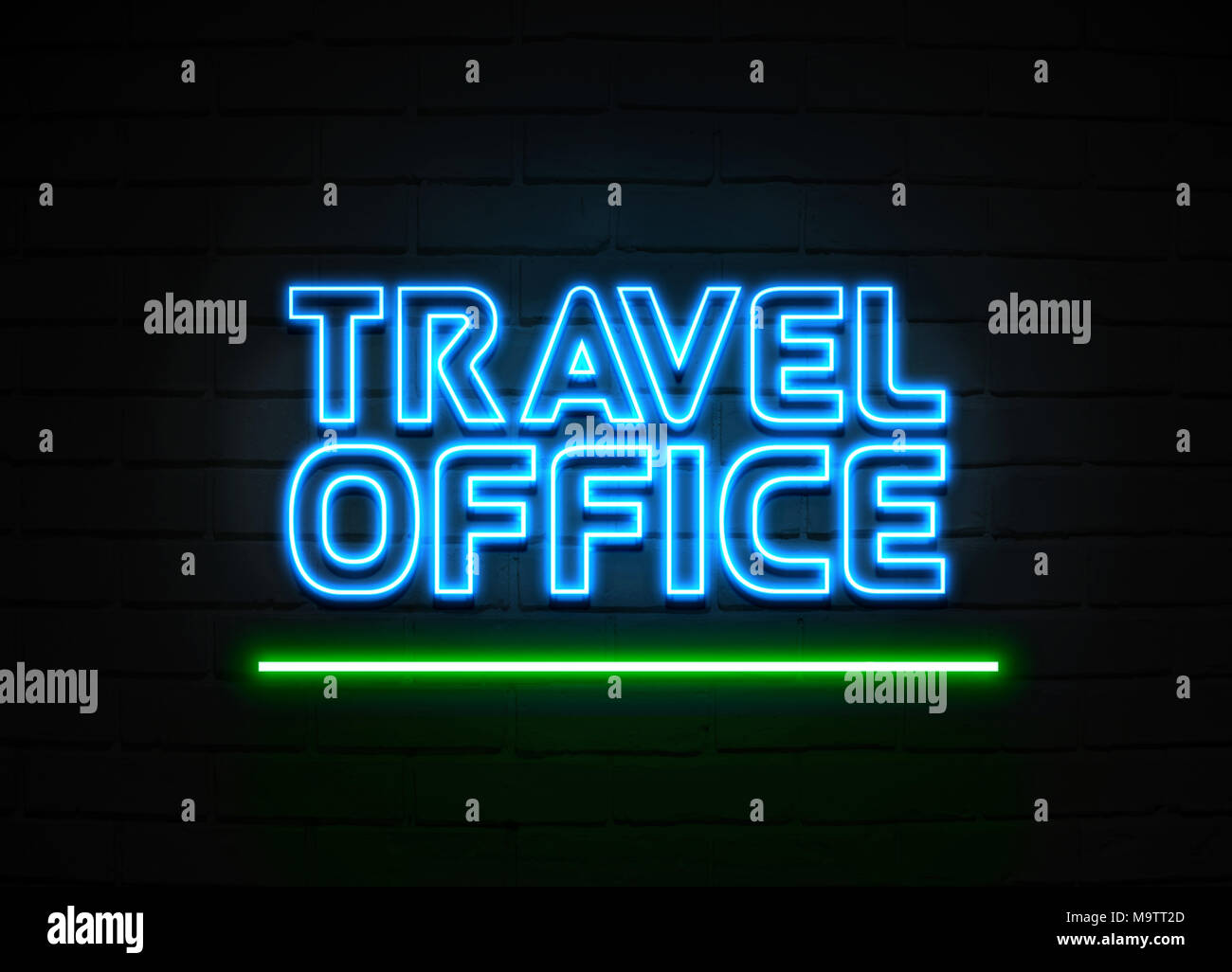 Bureau de voyage en néon - Glowing Neon Sign sur mur brickwall - rendu 3D illustration libres de droits. Banque D'Images