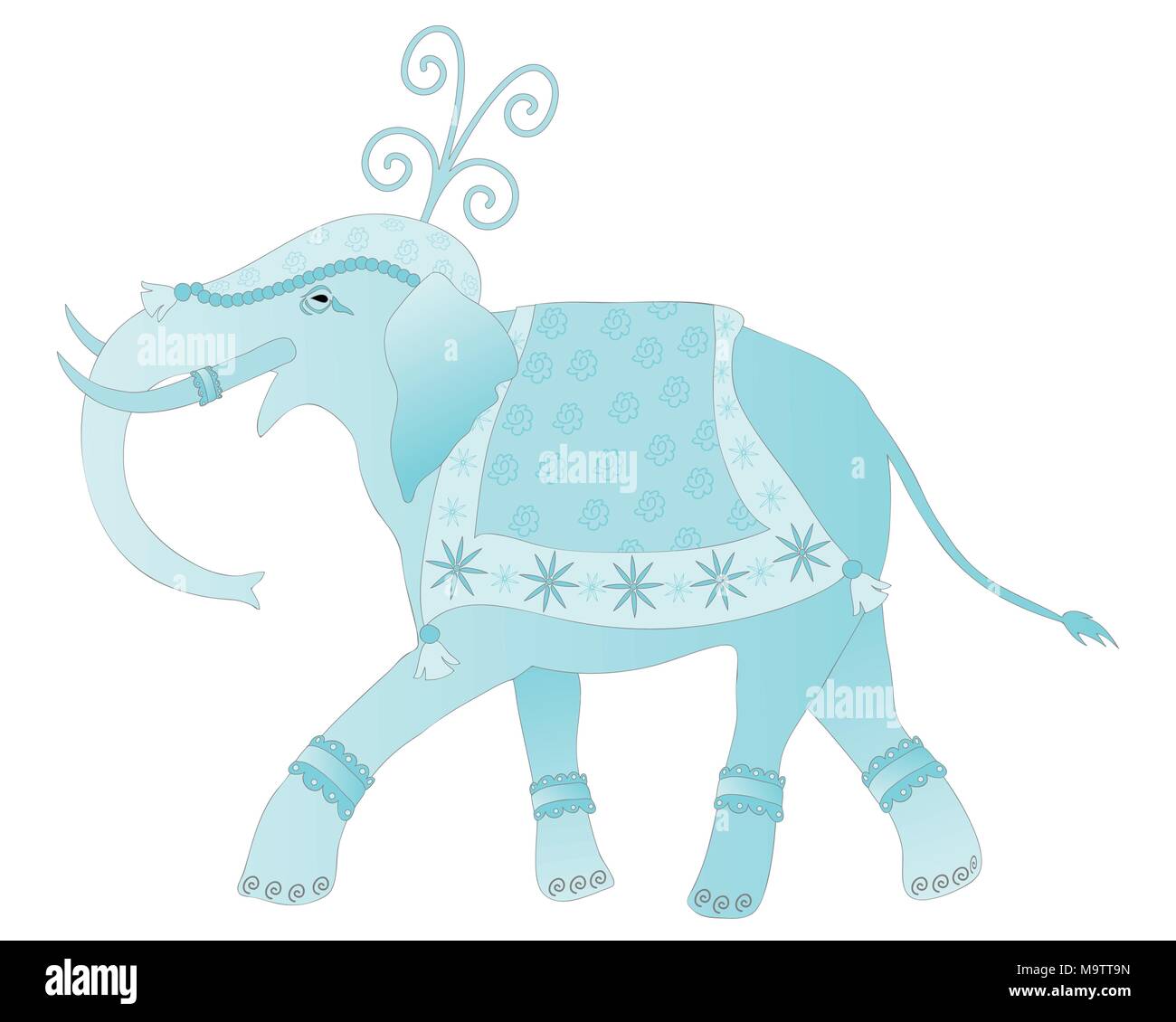 Une illustration d'un abrégé de l'éléphant indien décoré à marcher le long d'une cérémonie tenue dans les tons de bleu isolé sur fond blanc Illustration de Vecteur