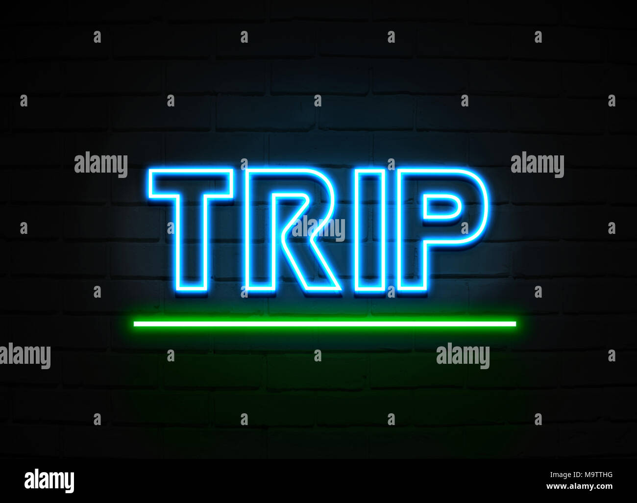 Voyage en néon - Glowing Neon Sign sur mur brickwall - rendu 3D illustration libres de droits. Banque D'Images