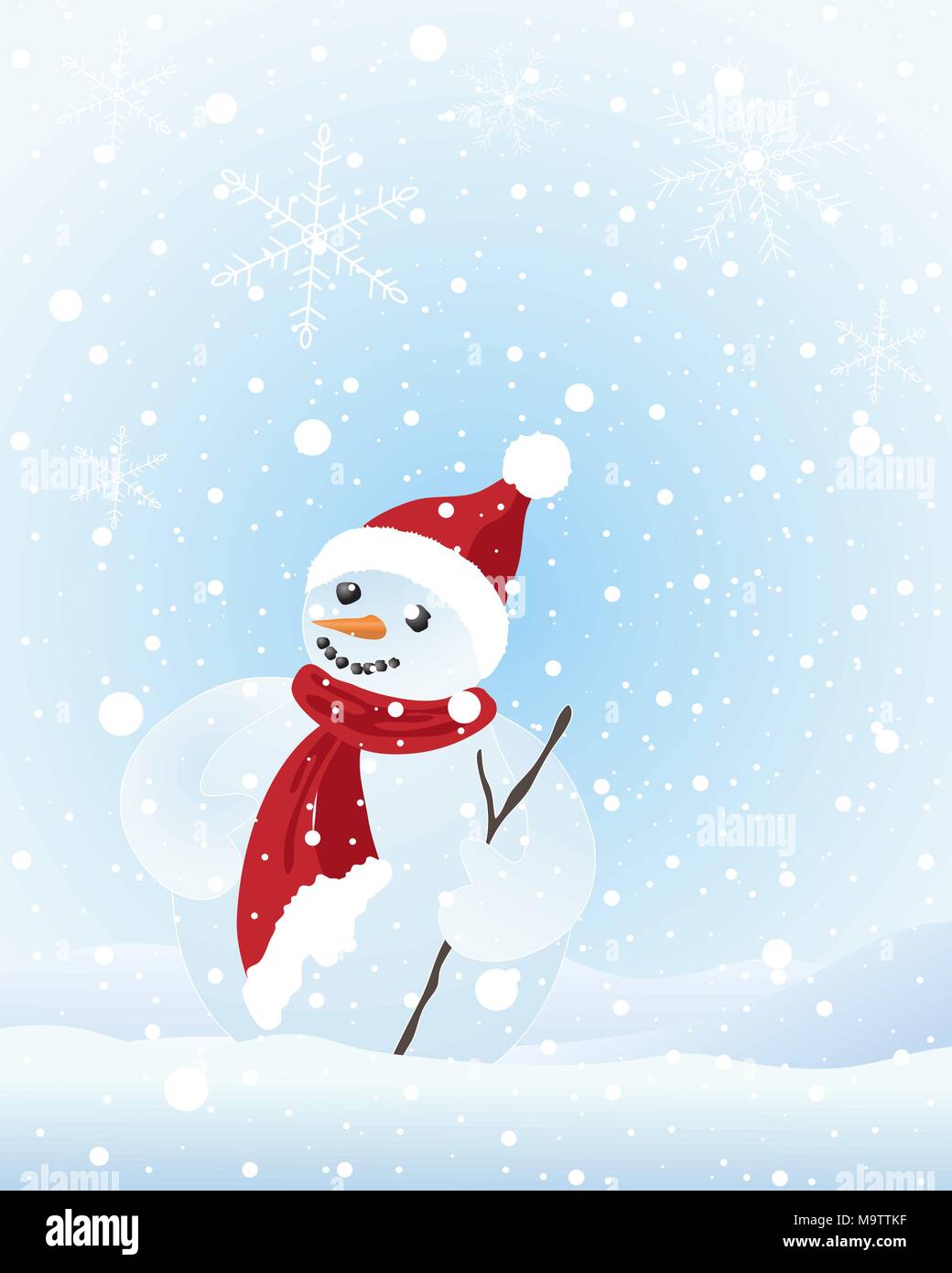 Une illustration d'un bonhomme heureux avec festive bonnet et écharpe avec  une averse de neige sur un fond bleu Image Vectorielle Stock - Alamy