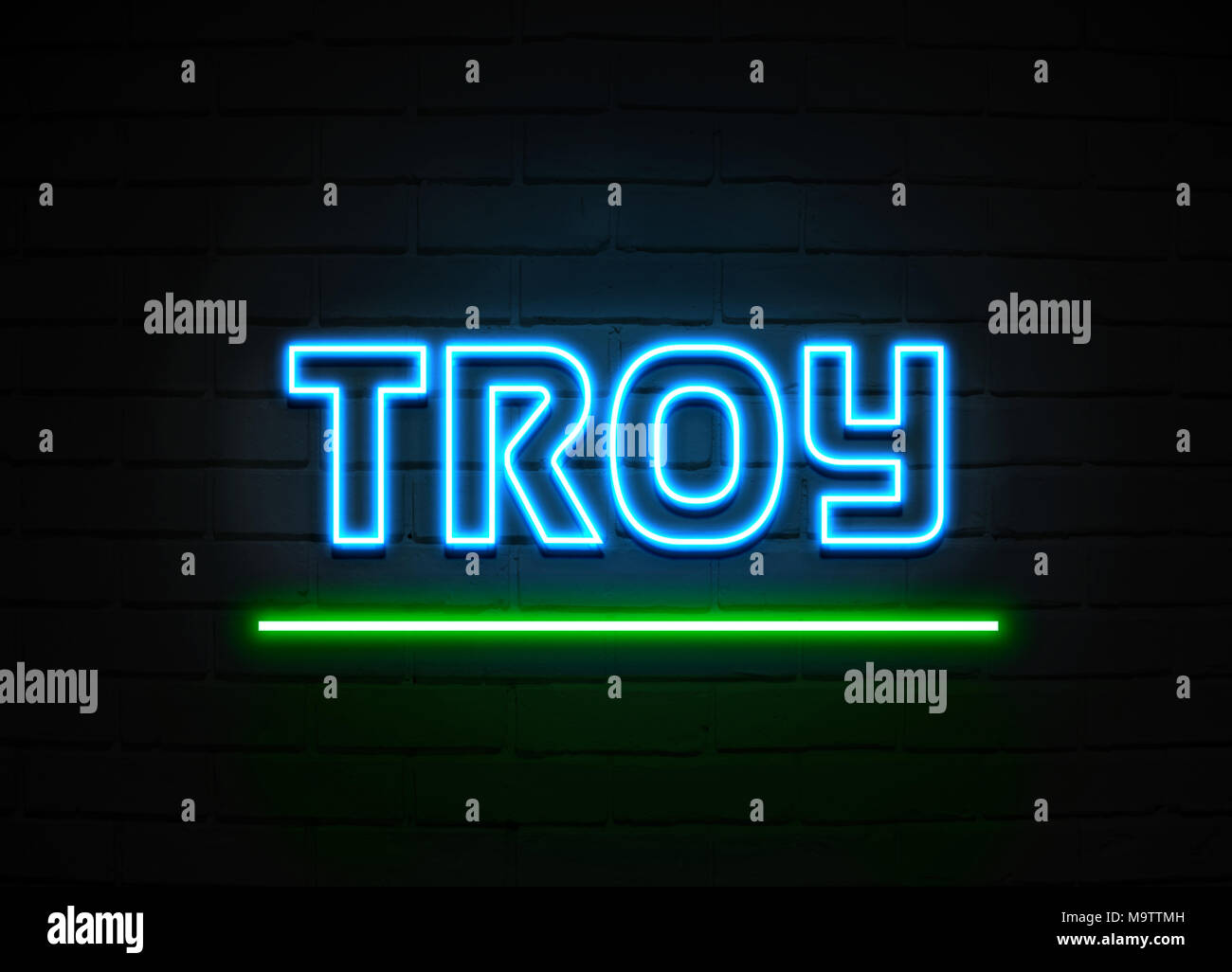 Troy en néon - Glowing Neon Sign sur mur brickwall - rendu 3D illustration libres de droits. Banque D'Images