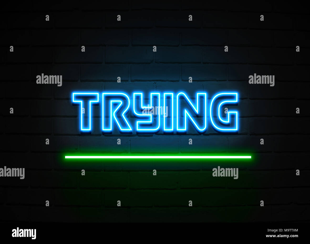 Essayer en néon - Glowing Neon Sign sur mur brickwall - rendu 3D illustration libres de droits. Banque D'Images
