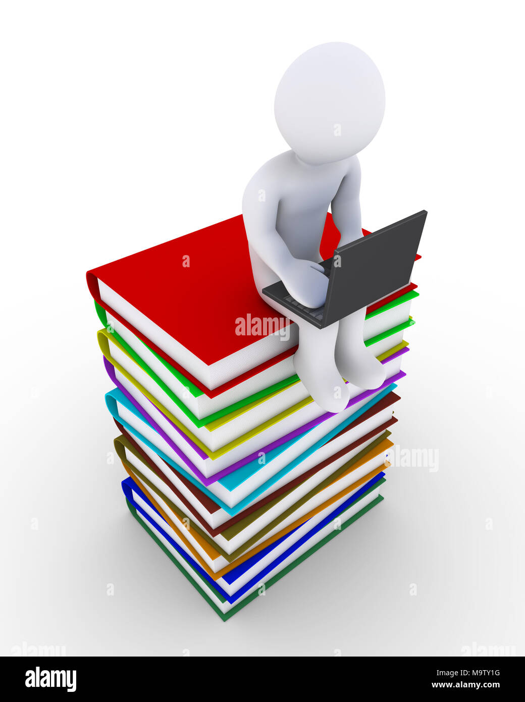 Personne 3d avec un ordinateur portable est assis sur une pile de livres Banque D'Images