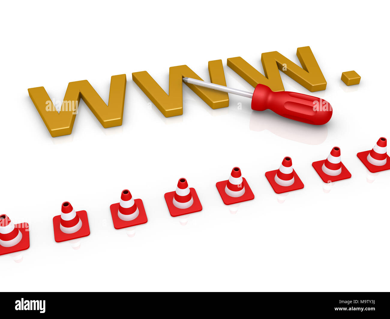 WWW lettres et d'un tournevis sont derrière les cônes de circulation Banque D'Images