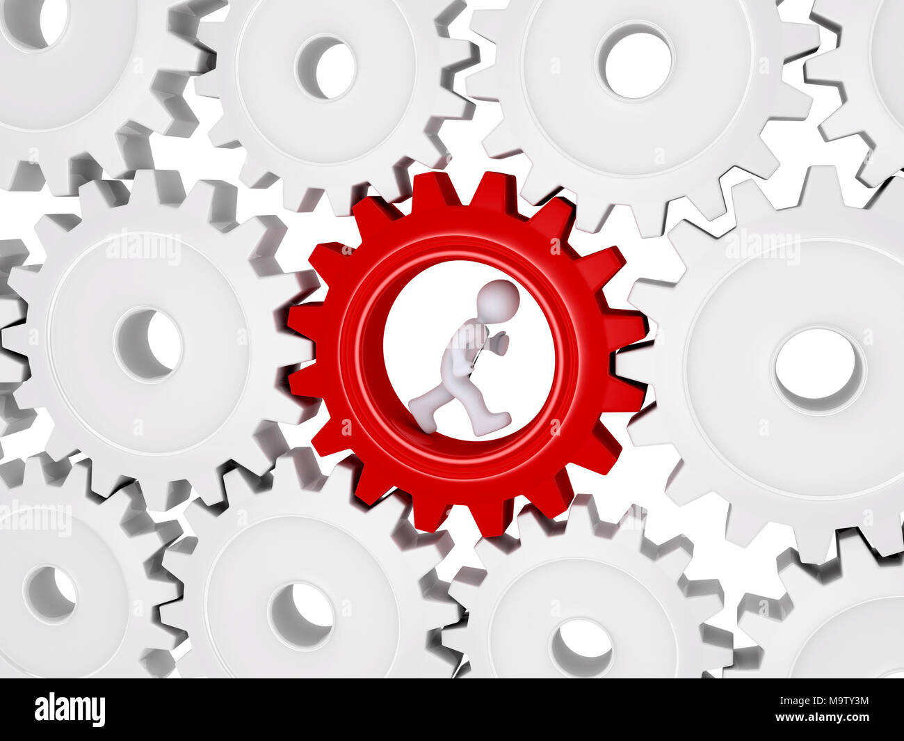 3d à l'aide d'un travailleur s'exécute à l'intérieur d'une roue dentée hors de beaucoup de Banque D'Images