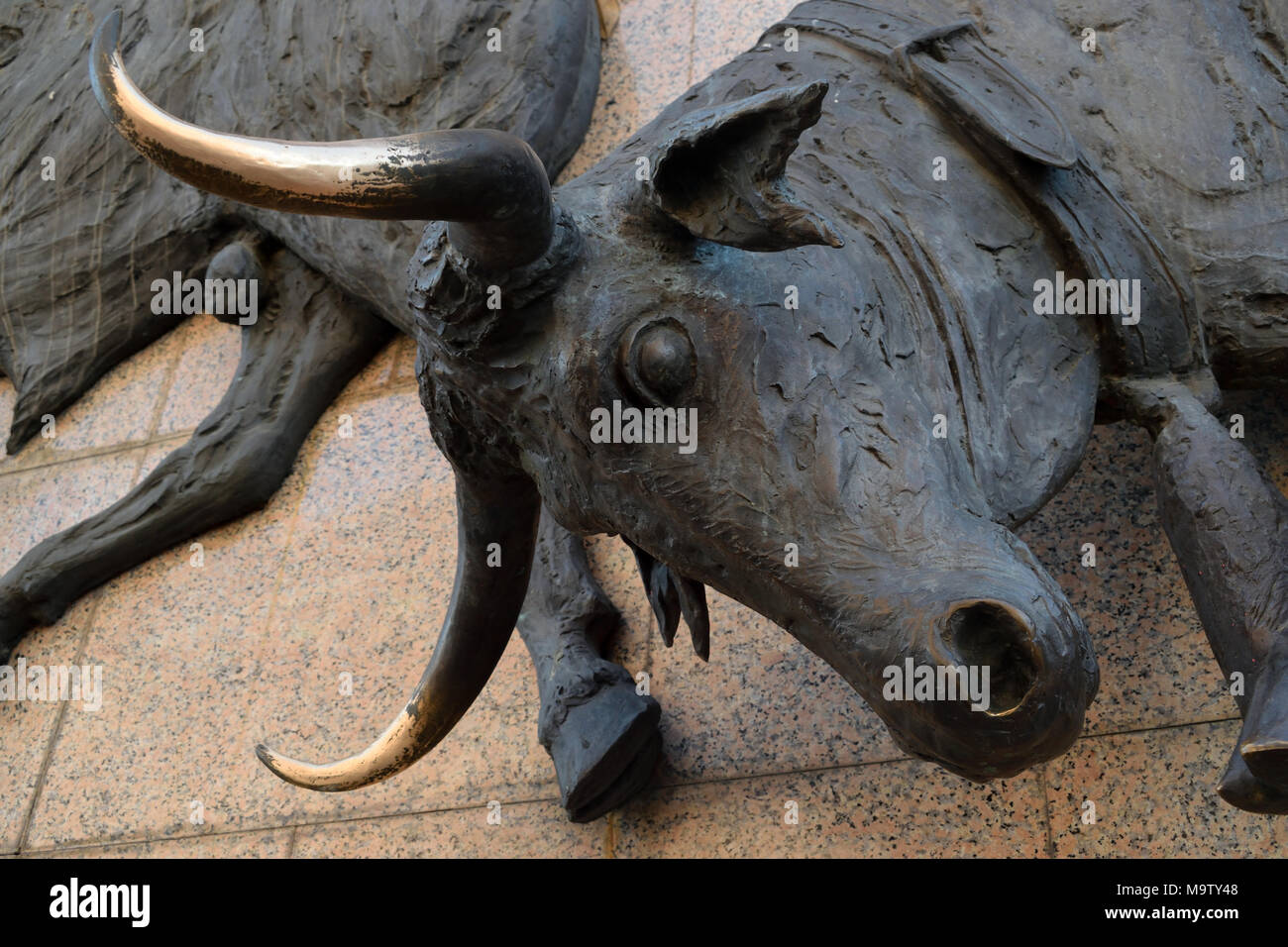 Closeup détail du relief en bronze de taureaux en roulant par des cavaliers à cheval vers l'arène de Las Ventas, Madrid, Espagne Banque D'Images