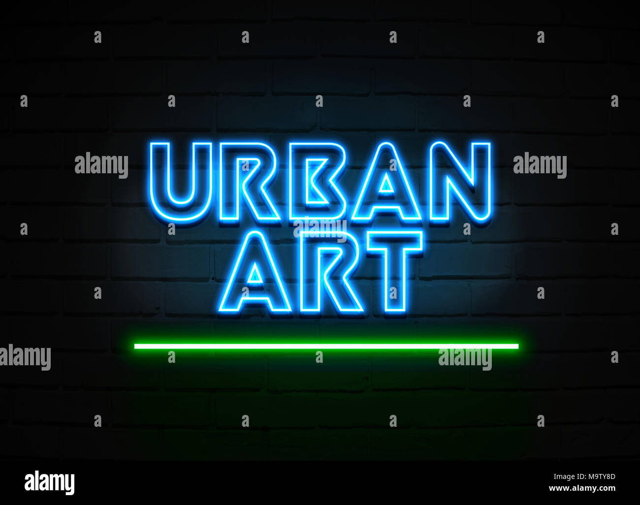 L'Art urbain en néon - Glowing Neon Sign sur mur brickwall - rendu 3D illustration libres de droits. Banque D'Images