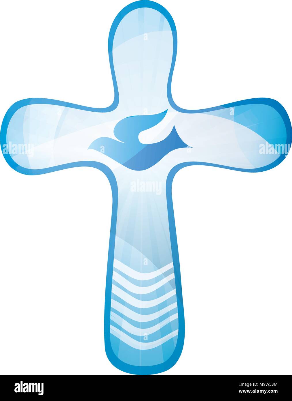Baptême croix chrétienne avec dove et les vagues d'eau sur un fond bleu. Signe religieux. Isolé Illustration de Vecteur