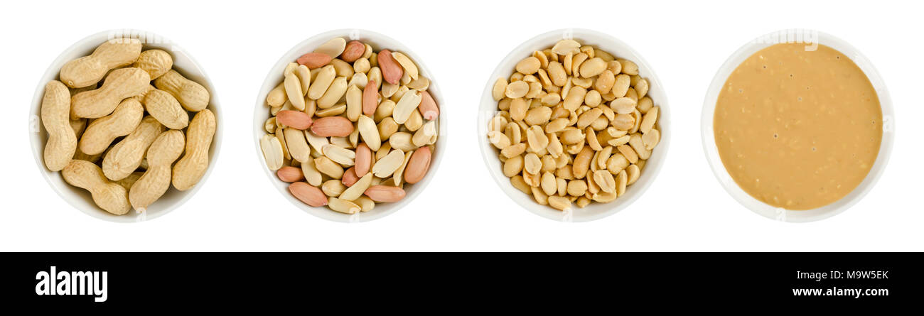 D'arachides dans des bols en porcelaine blanche. Arachides rôties en coque, écossés, salés et beurre d'arachide croquant. Snack et propagation. L'Arachis hypogaea. Banque D'Images