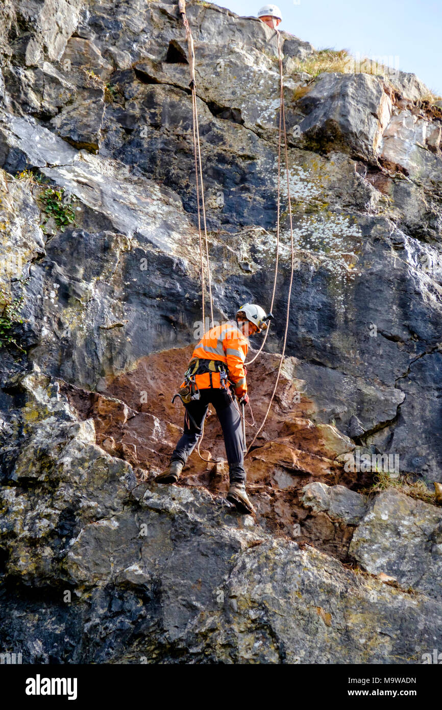 Technicien de corde Rope Access Vector inspecte les gorges de Cheddar. Banque D'Images