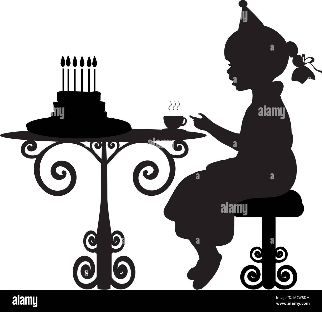 Silhouette fille boire du thé avec du gâteau anniversaire Illustration de Vecteur