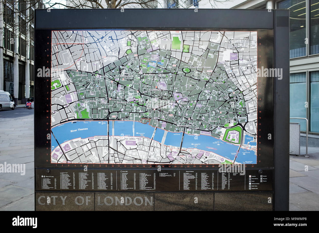 Ville de London Street Map - grande carte du quartier financier de Londres sur Gresham Street près de la Guildhall Banque D'Images