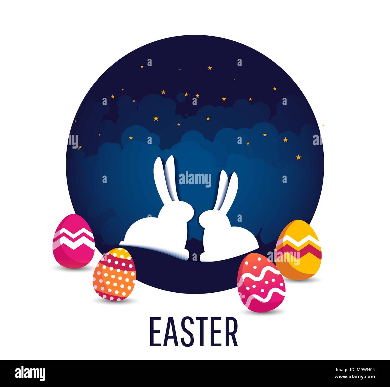 Arrière-plan modèle de bannière de Pâques avec des oeufs colorés modernes et lapin. Illustration de Vecteur