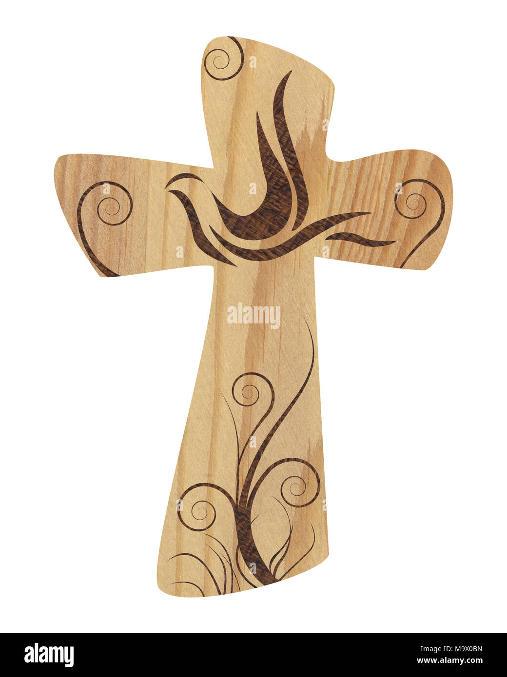 Croix chrétienne isolée en bois avec colombe comme signe du Saint-esprit, fabriquée à la main avec la technique pyrographique. Concept de Pâques ou baptême Banque D'Images