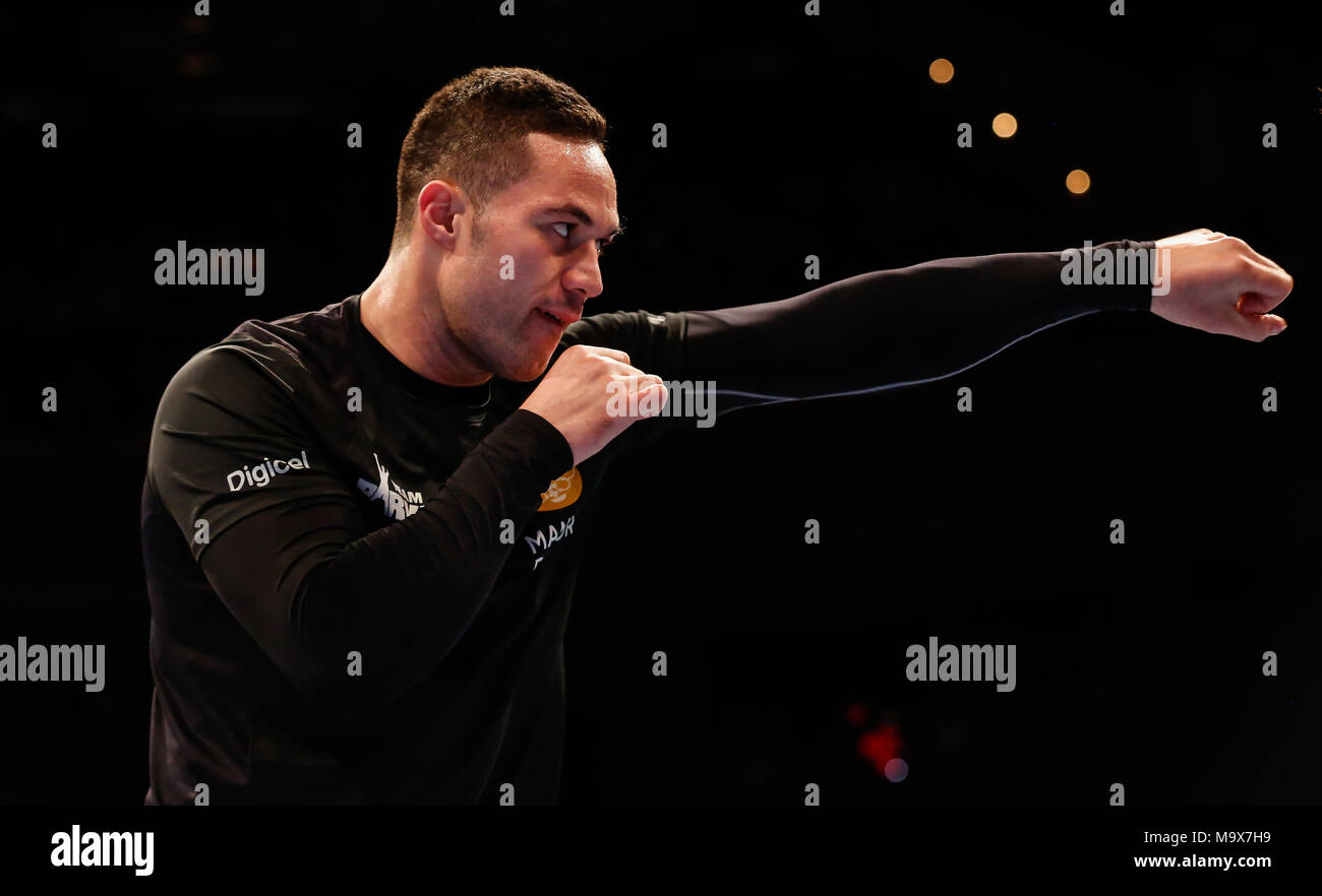 St Davids Hall, Cardiff, Pays de Galles, Royaume-Uni. 28 mars, 2018. Pour le pubis Anthony Josué V Joseph Parker titre mondial unifié de lutte. Joseph Parker, la Nouvelle-Zélande s'entraîner avec son équipe Anthony Josué V Joseph Parker Crédit : Huw Fairclough/Alamy Live News Banque D'Images