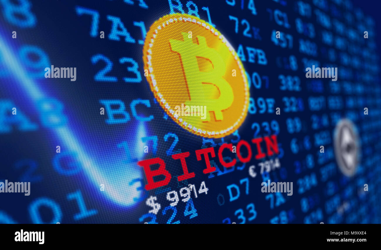 Monnaie Bitcoin en écran graphique stylisé. Coin et pixel cryptocurrency nom numérique numéros arrière-plan. Banque D'Images