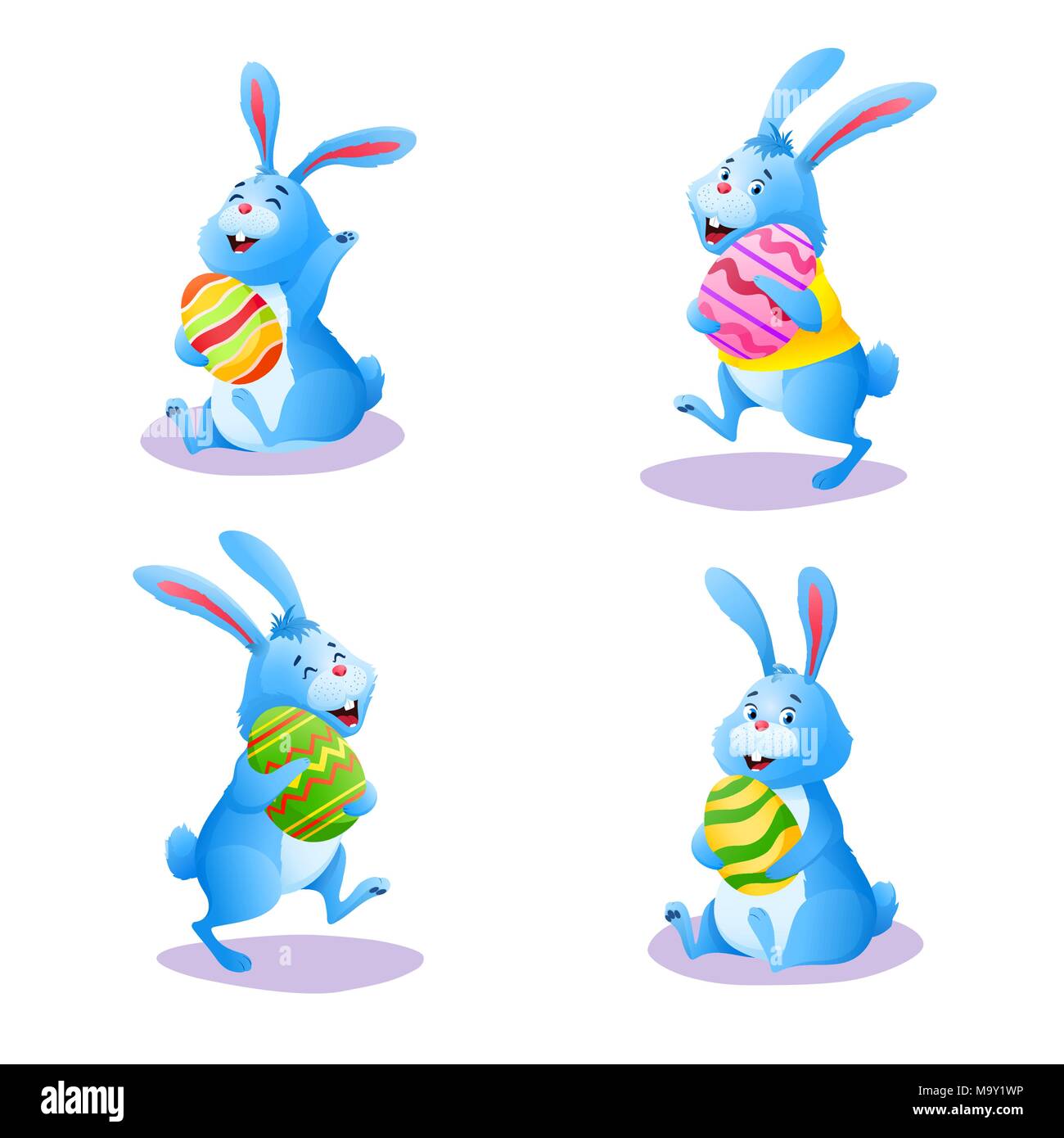 Happy blue bunny collection isolé sur fond blanc. Cute cartoon jeu lapin de pâques en chocolat avec des œufs peints. Carte de souhaits Décoration pour bannière. Chasse aux œufs de Pâques. Colorful vector illustration Illustration de Vecteur
