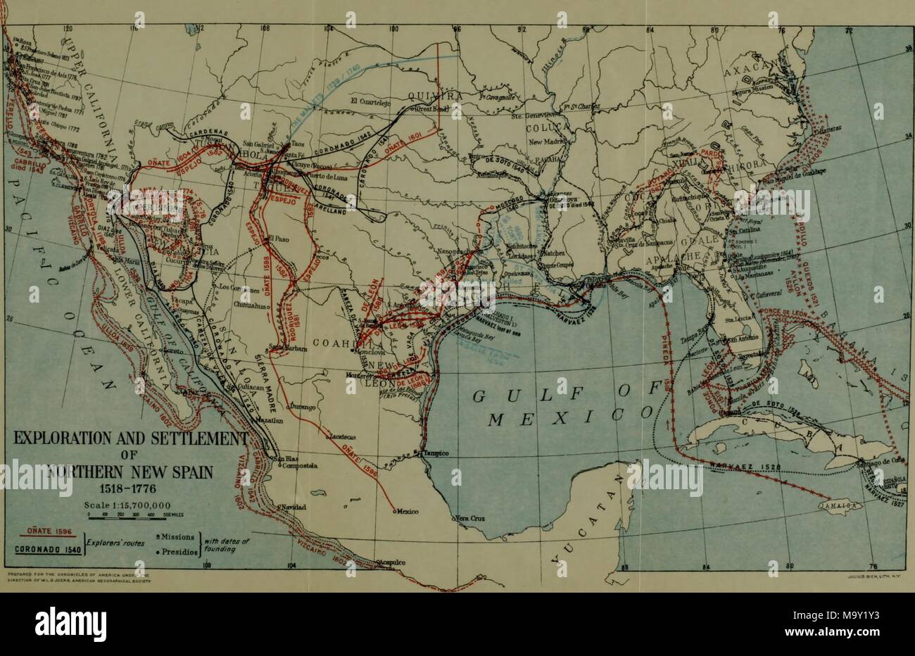 Illustration couleur représentant une carte de l'Europe centrale et sud des USA, et de Cuba, les Bahamas et le Mexique, avec des lignes indiquant les caractéristiques physiques telles que les rivières et certaines régions, nommé sous-titrées "Exploration et colonisation du nord de l'Espagne 1518-1776, le volume de ' 'Les Chroniques d'Amérique Série, ' édité par Allen Johnson, 1918. () Banque D'Images