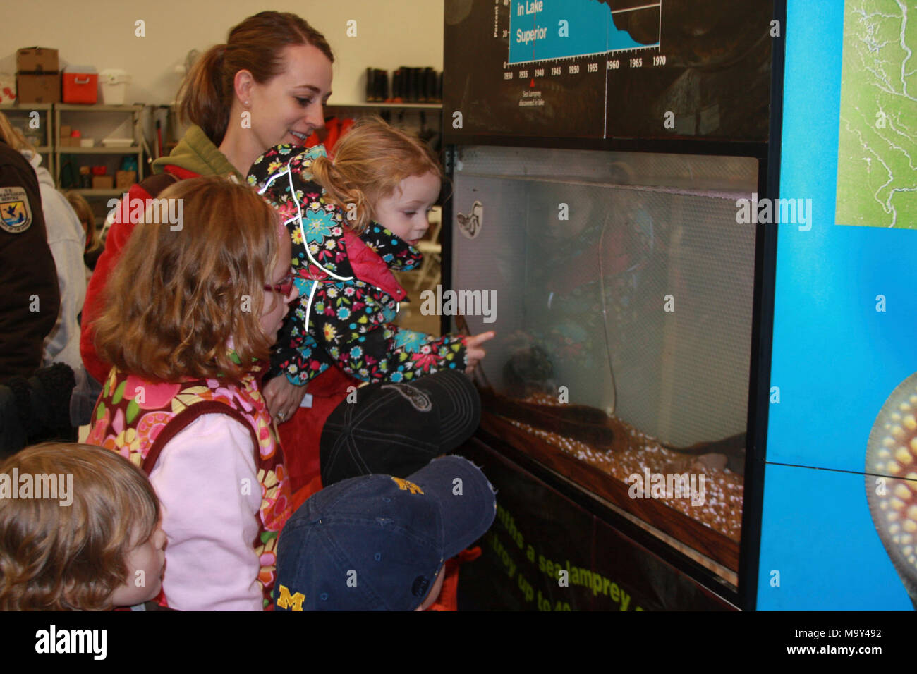 Alpena la conservation du poisson et de la faune de l'événement Coupe du ruban Office. Plus de 400 enfants de l'école, les éducateurs, les membres de la Communauté et membres du personnel du congrès a exploré la nouvelle Alpena la conservation du poisson et de la faune Office dans le Michigan le vendredi 9 avril, au cours d'une inauguration et portes-ouvertes pour souligner l'achèvement de son nouveau, LEEDS établissement certifié. Banque D'Images