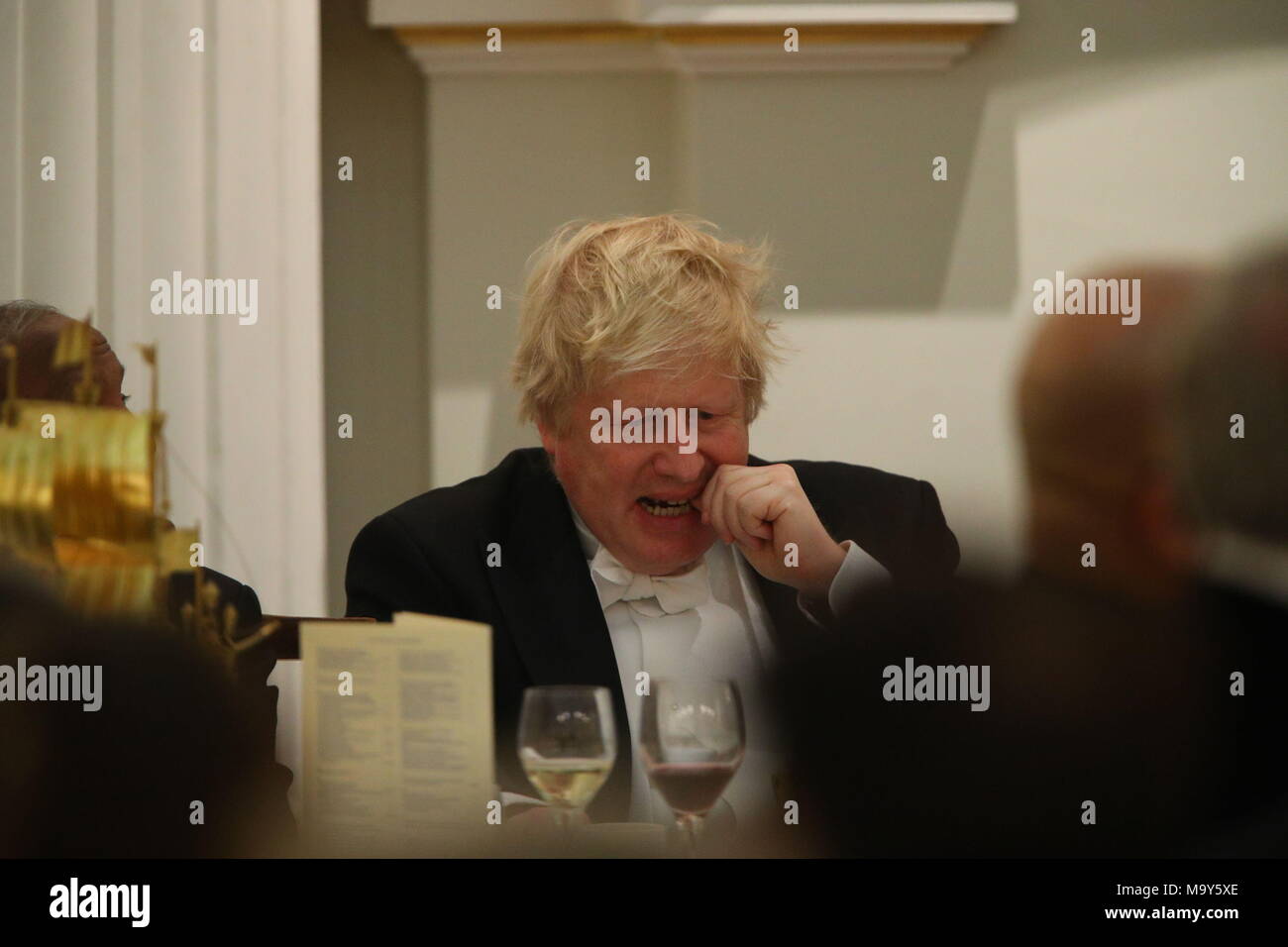 Secrétaire des affaires étrangères, Boris Johnson, au cours de la Pâques banquet organisé par Lord Maire de la City de Londres, Charles Bowman, à Mansion House dans la ville de Londres. Banque D'Images
