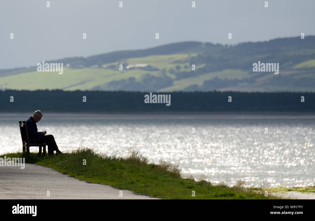 Man reading book sur établi par la mer Banque D'Images