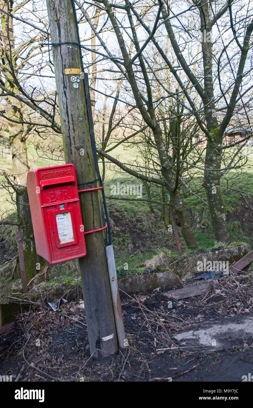 Mail Box fixé au poteau télégraphique en campagne à des Brock Mill, Bleasdale, Preston, Lancashire, England UK Banque D'Images