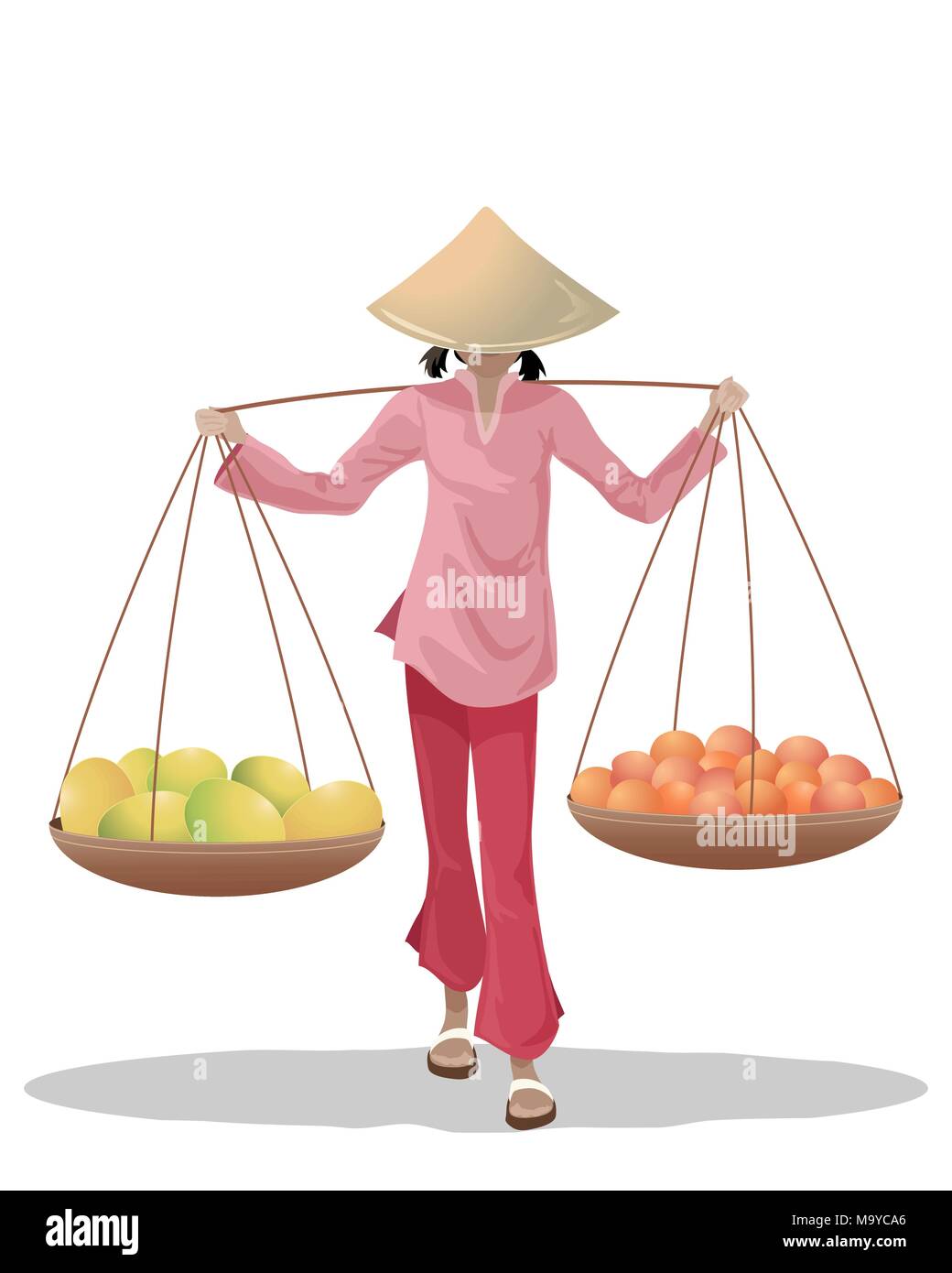 Une illustration d'un vendeur de fruits asiatiques femmes portant des paniers habillée de façon traditionnelle sur un fond blanc Illustration de Vecteur