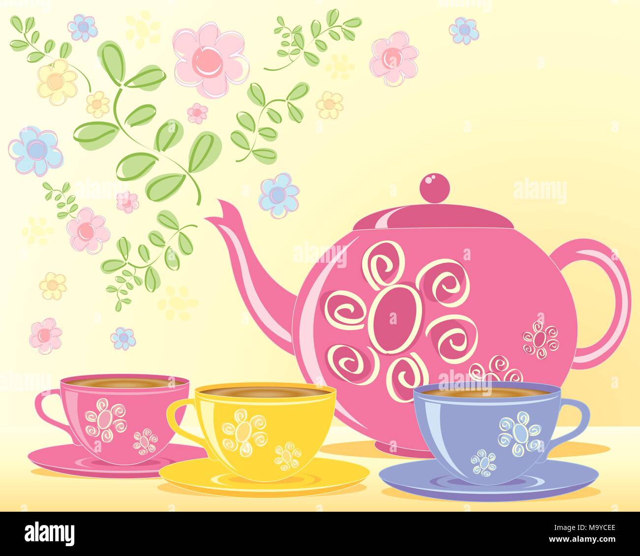 Une illustration d'une théière décorée rose tasses et soucoupes et d'appariement avec une feuille verte et fleur Illustration de Vecteur