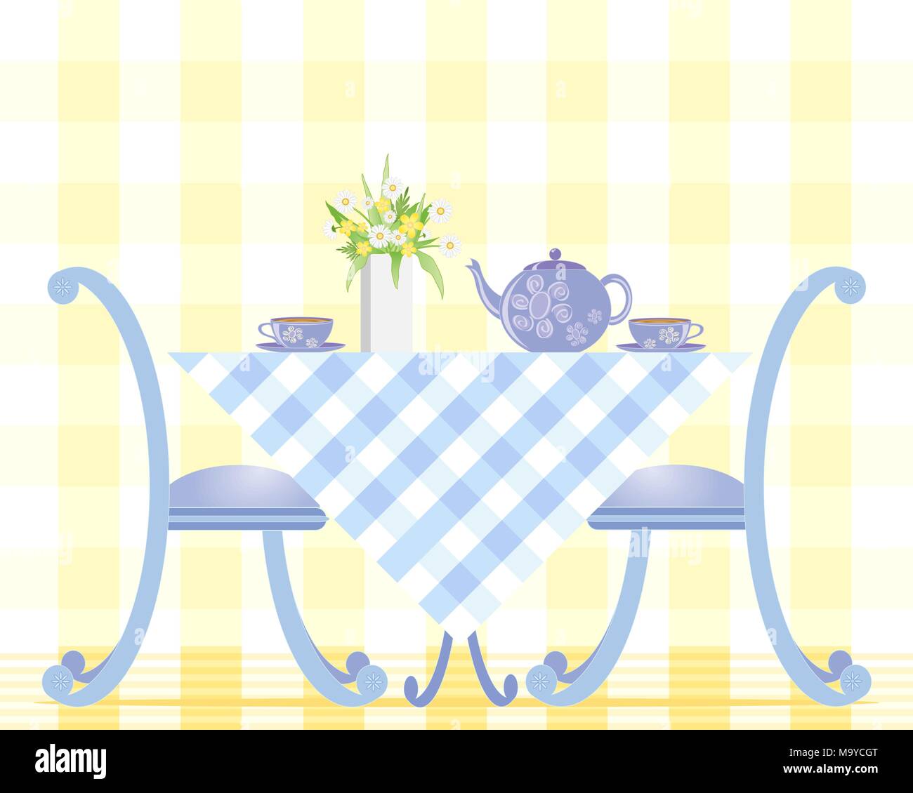 Une illustration d'un jeu de table avec plateau tasses théière et d'un vase de marguerites sur une nappe en vichy avec deux chaises sur un fond jaune pâle Illustration de Vecteur
