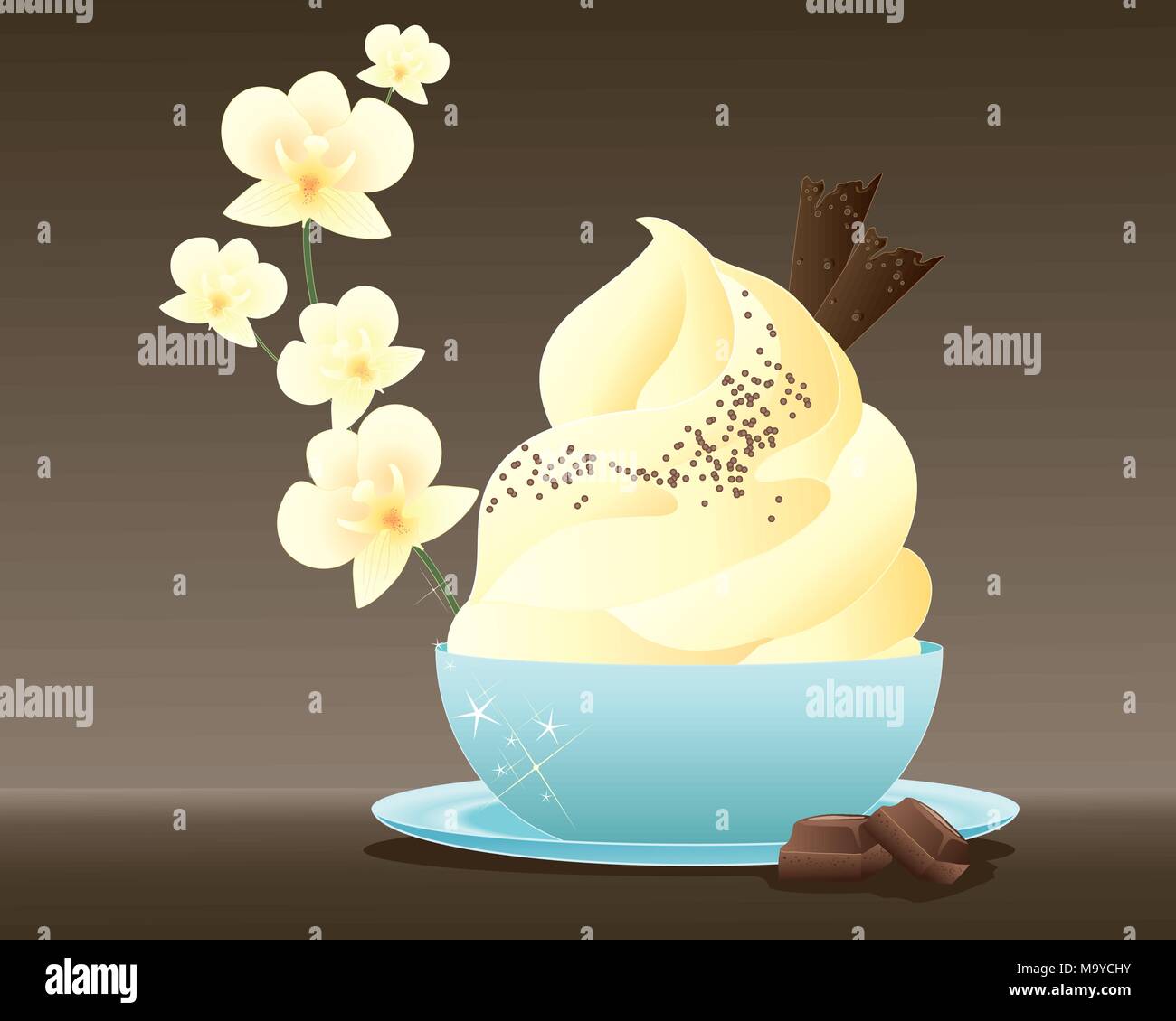 Un vecteur illustration en eps 10 format d'une délicieuse crème glacée dessert avec décoration vermicelles de chocolat dans un bol bleu avec détails orchidée vanille Illustration de Vecteur