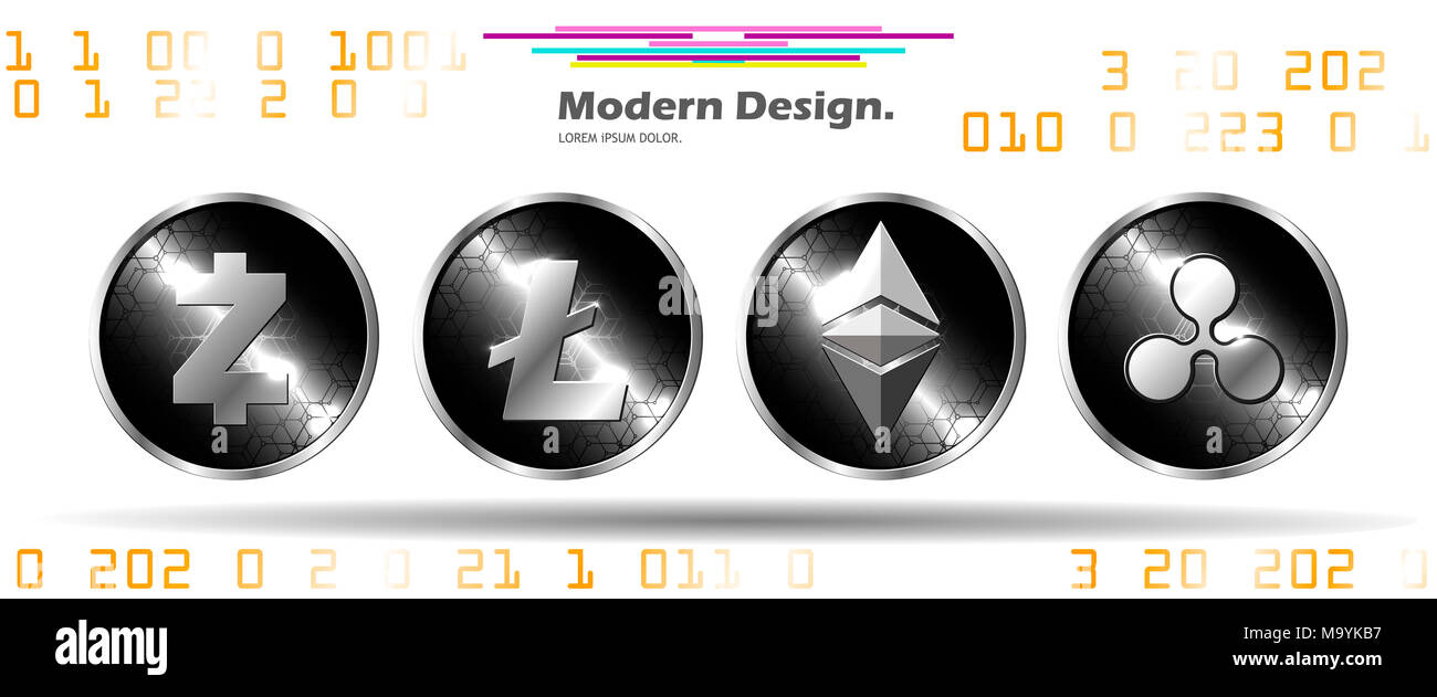 Ensemble de quatre en cryptocoins style futuriste. Vecteur conception créative. Banque D'Images