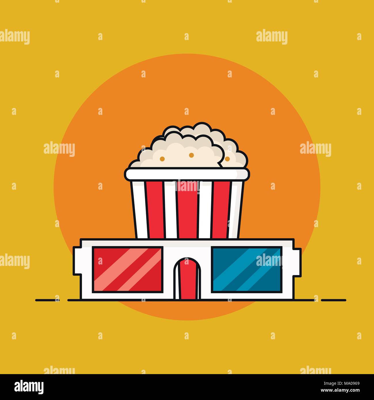 Buckeand Popcorn lunettes 3D, film de divertissement. Snack-cinéma. Contours télévision style. Illustration de Vecteur