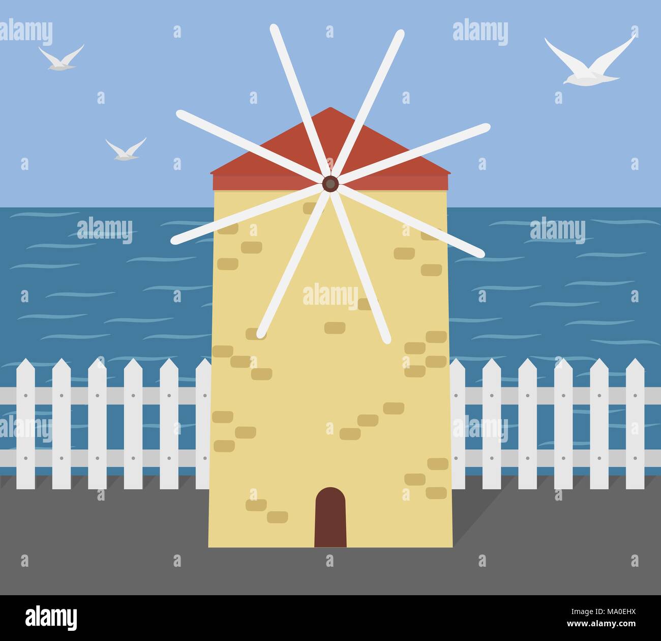 Grec ancien moulin sur le bord de la mer. Paysage marin avec un moulin à vent, une clôture blanche, de la mer et des mouettes. Vector illustration Illustration de Vecteur