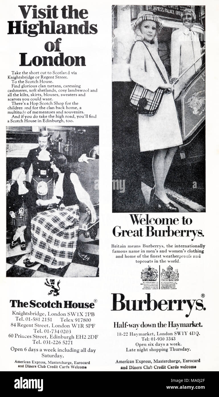 Une publicité des années 70, les vêtements Burberry publicité. Banque D'Images