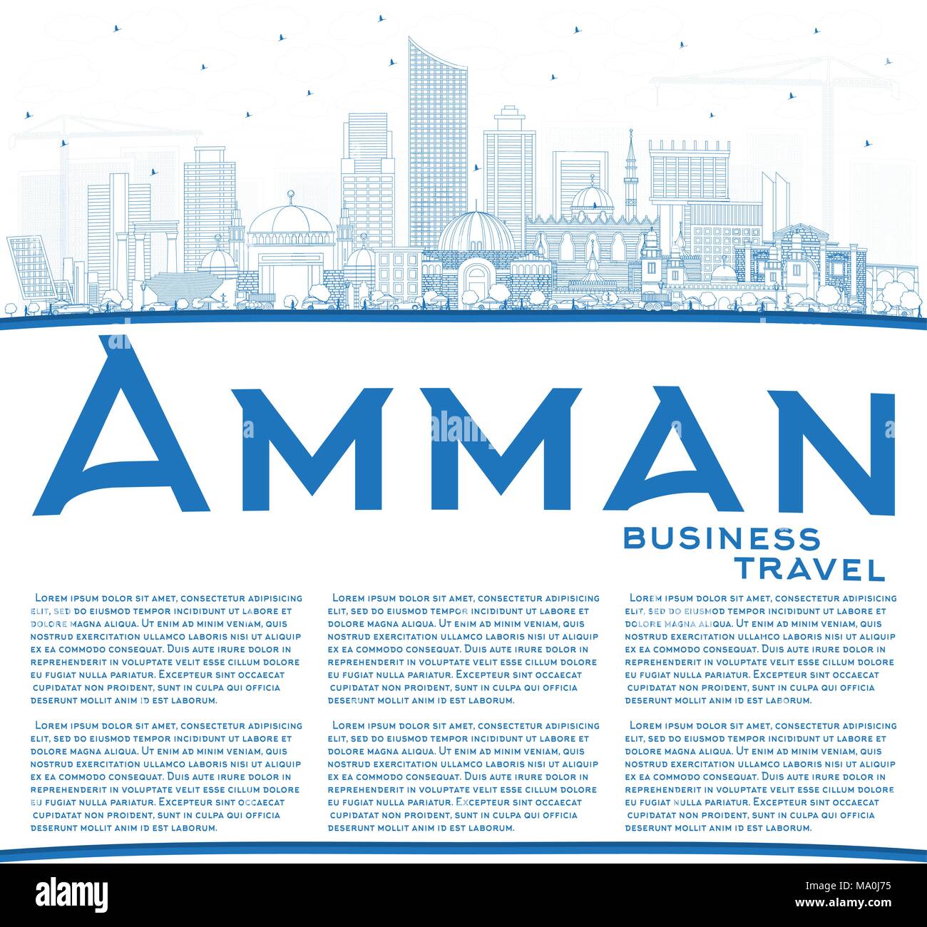 Contours Amman Jordanie avec toits de bâtiments bleu et copier l'espace. Vector Illustration. Les voyages d'affaires et tourisme Concept avec l'architecture moderne. Illustration de Vecteur