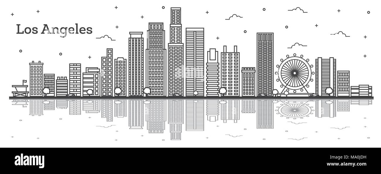 Contours Los Angeles California City Skyline avec les bâtiments modernes et réflexions isolé sur blanc. Vector Illustration. Los Angeles Cityscape Illustration de Vecteur