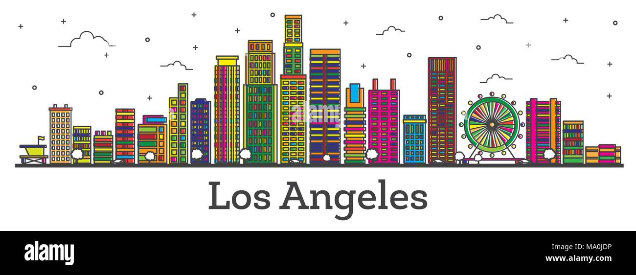 Contours Los Angeles California City Skyline avec bâtiments couleur isolé sur blanc. Vector Illustration. La ville de Los Angeles avec repères. Illustration de Vecteur